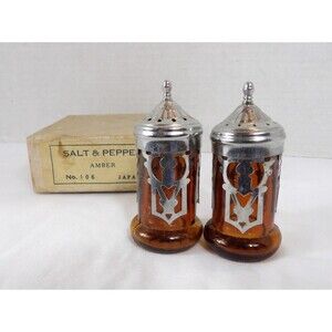 Salt Pepper Shakers Amber Glass Brown Moody Metal Filigree Spikes Set Vtg
